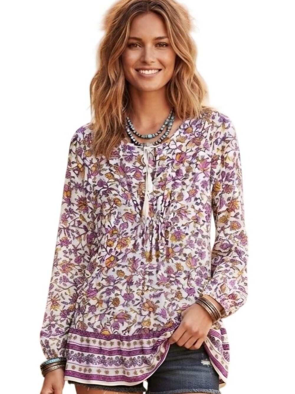 Old Navy Bohemian Ditzy Floral Tie Neckline Tunic Top Size M